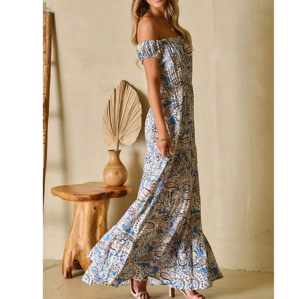 013 Boho Paisley Floral Print Off Shoulder Maxi Dress - Picture 5 of 7